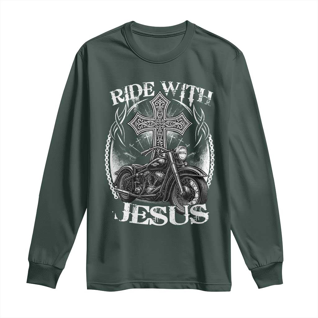Christian Biker Long Sleeve Shirt Ride With Jesus Religious Faith Motorcycle Rider TS11 Dark Forest Green Print Your Wear