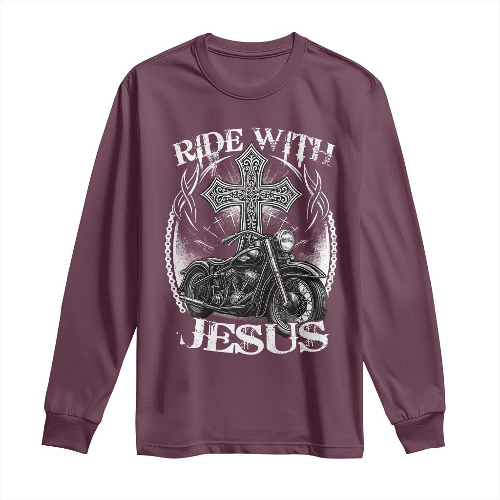 Christian Biker Long Sleeve Shirt Ride With Jesus Religious Faith Motorcycle Rider TS11 Maroon Print Your Wear