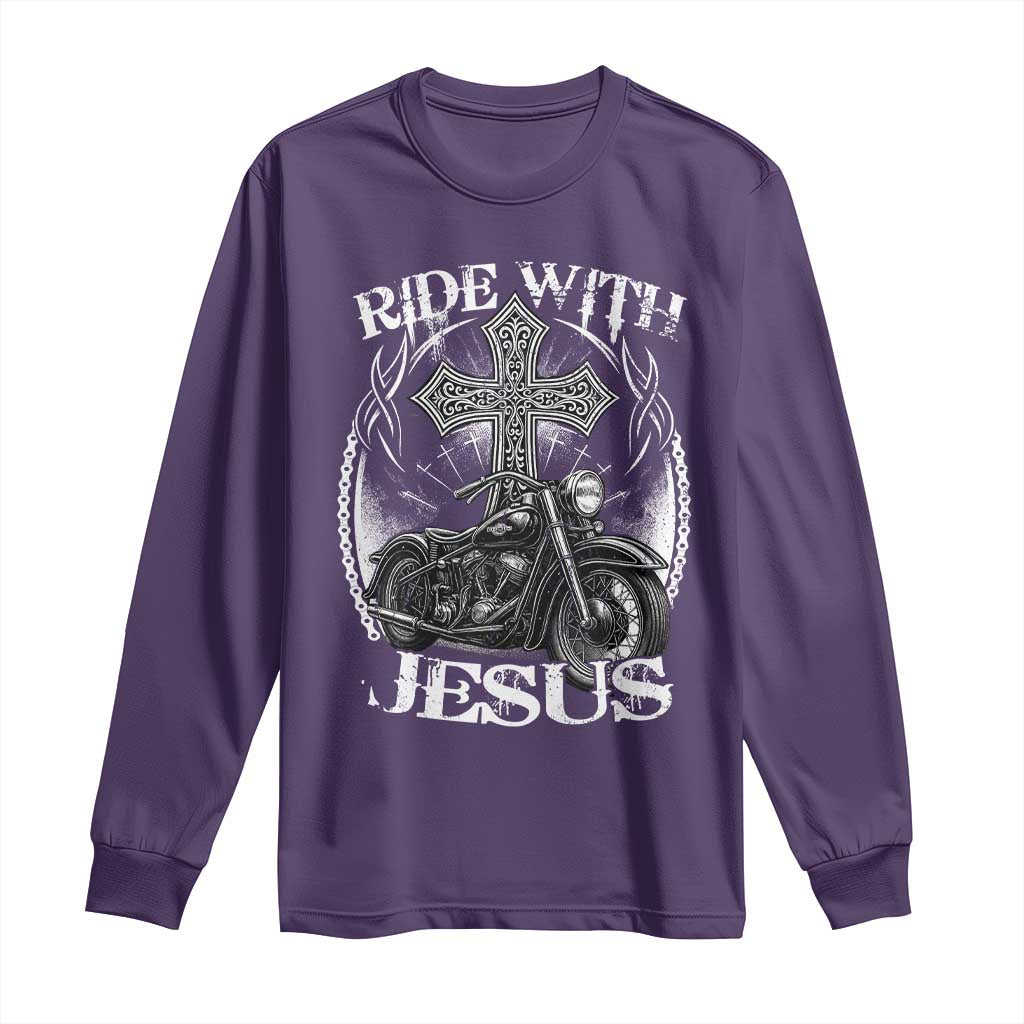 Christian Biker Long Sleeve Shirt Ride With Jesus Religious Faith Motorcycle Rider TS11 Purple Print Your Wear