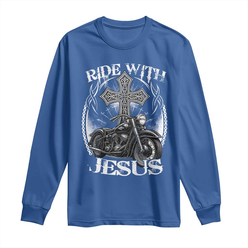 Christian Biker Long Sleeve Shirt Ride With Jesus Religious Faith Motorcycle Rider TS11 Royal Blue Print Your Wear