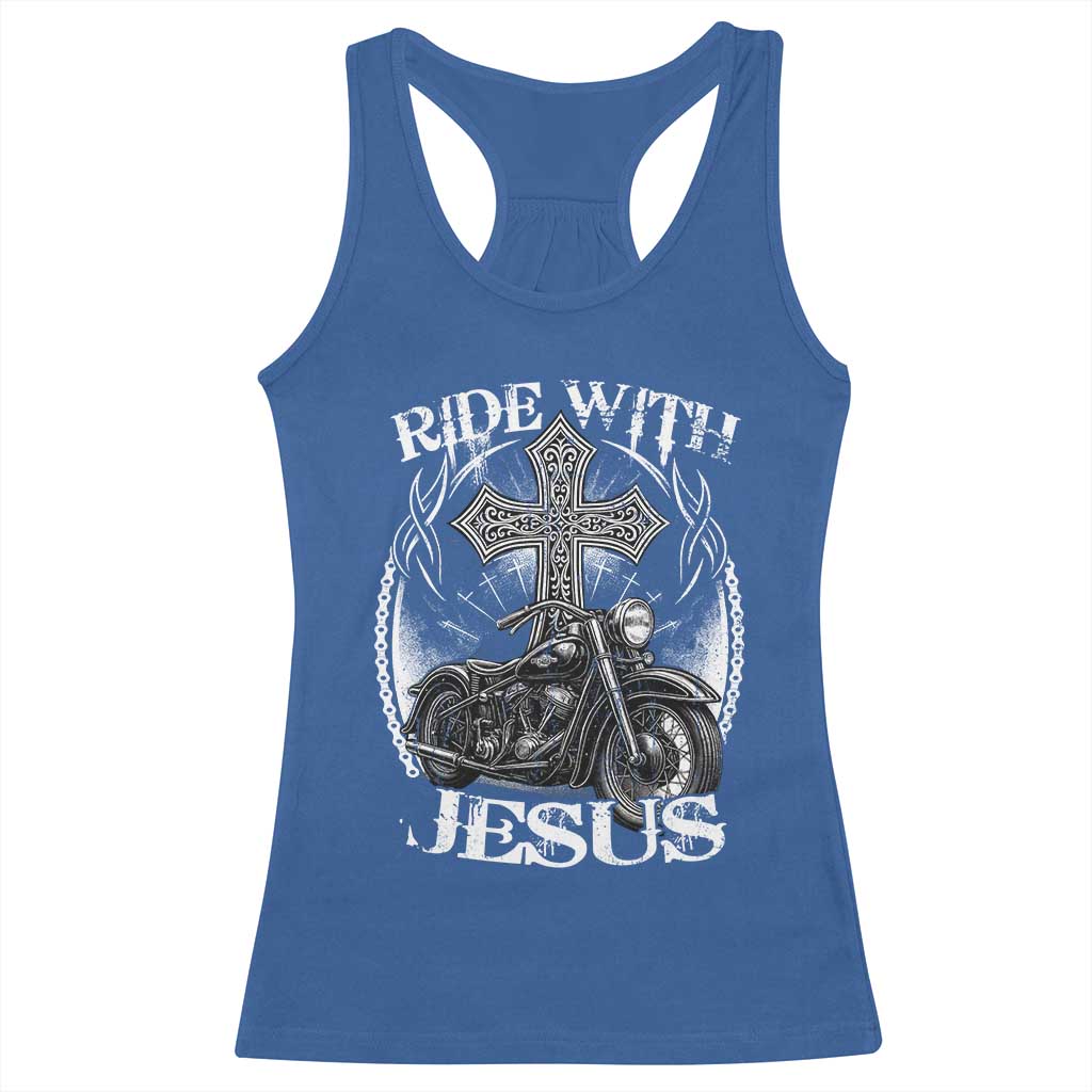 Christian Biker Racerback Tank Top Ride With Jesus Religious Faith Motorcycle Rider TS11 Royal Blue Print Your Wear