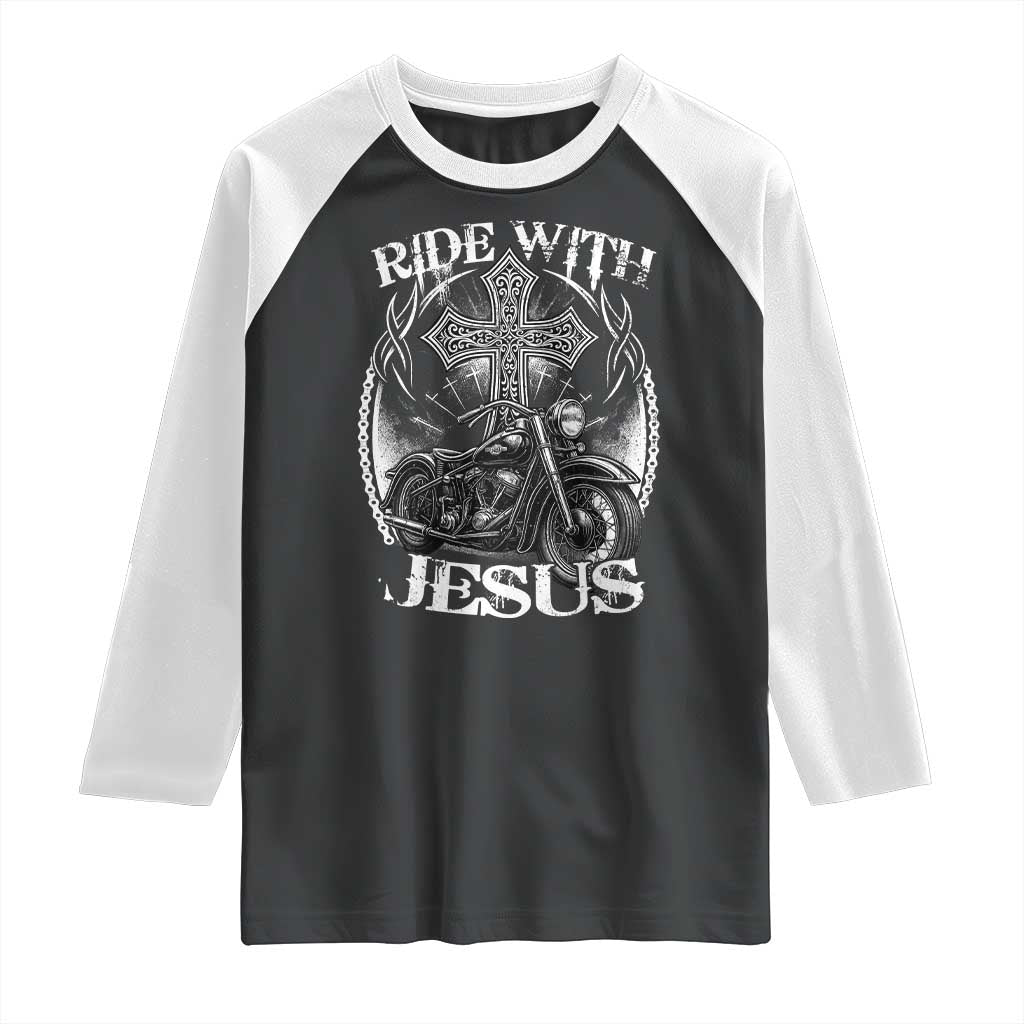Christian Biker Raglan Shirt Ride With Jesus Religious Faith Motorcycle Rider TS11 Black White Print Your Wear