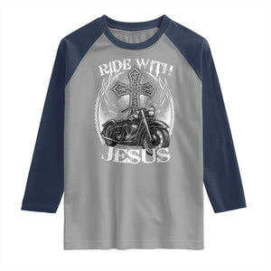 Christian Biker Raglan Shirt Ride With Jesus Religious Faith Motorcycle Rider TS11 Sport Gray Navy Print Your Wear