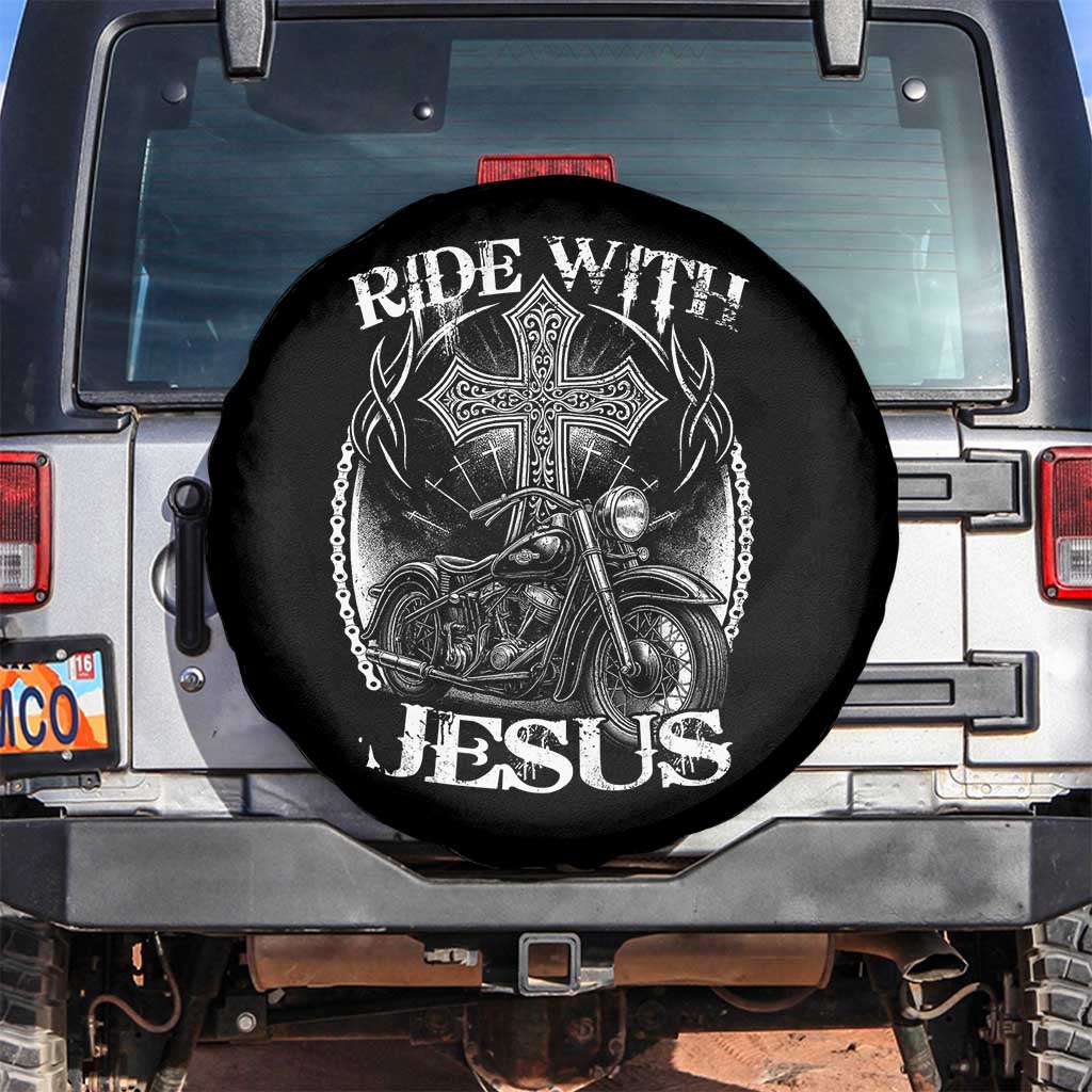 Christian Biker Spare Tire Cover Ride With Jesus Religious Faith Motorcycle Rider TS11 No hole Black Print Your Wear