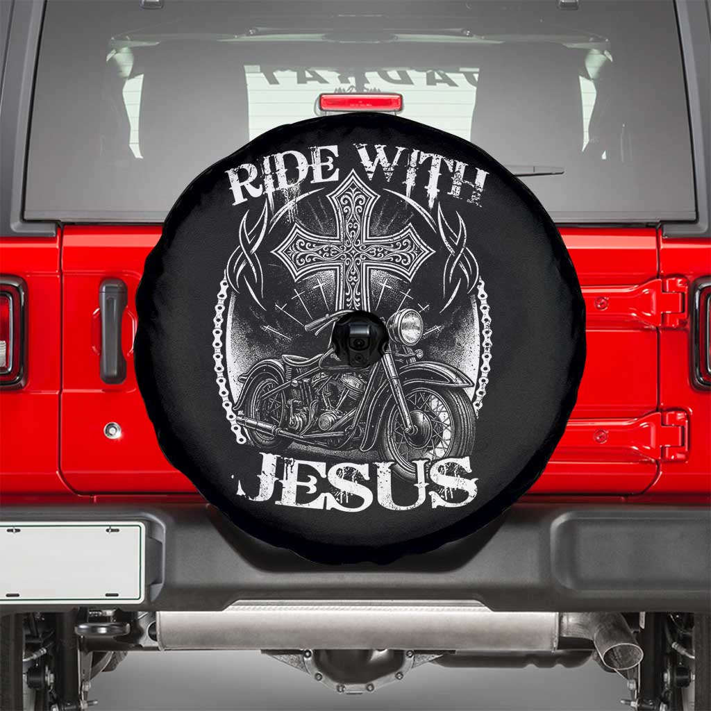 Christian Biker Spare Tire Cover Ride With Jesus Religious Faith Motorcycle Rider TS11 Black Print Your Wear