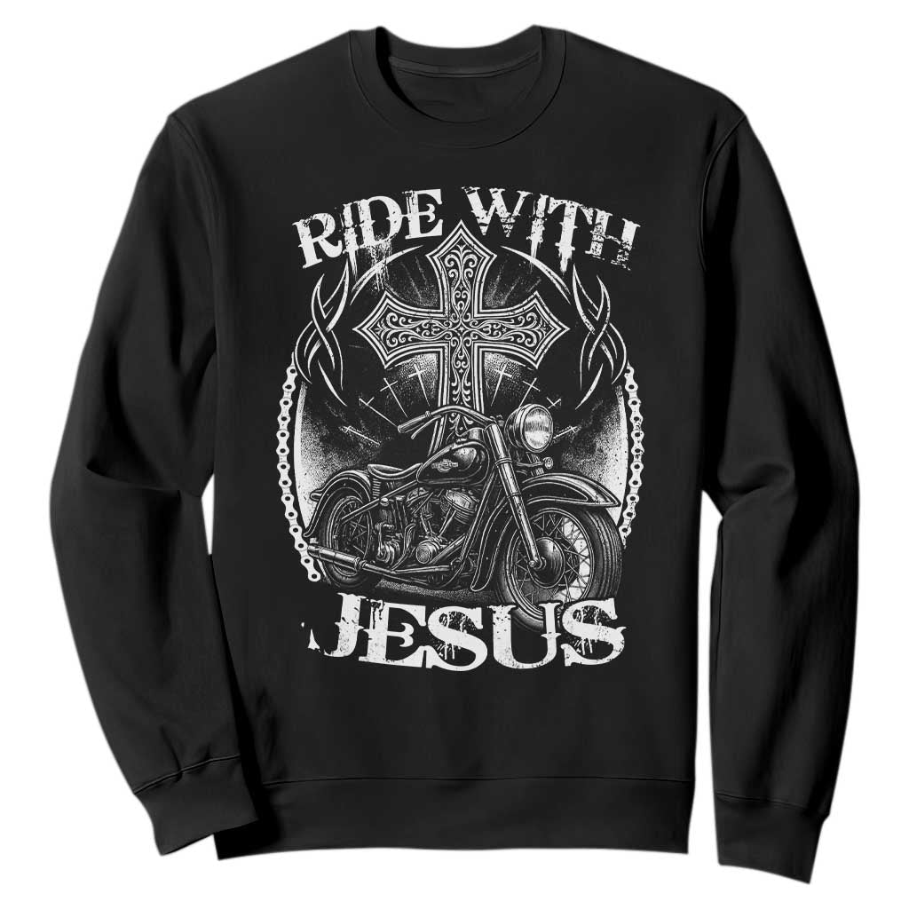 Christian Biker Sweatshirt Ride With Jesus Religious Faith Motorcycle Rider TS11 Black Print Your Wear