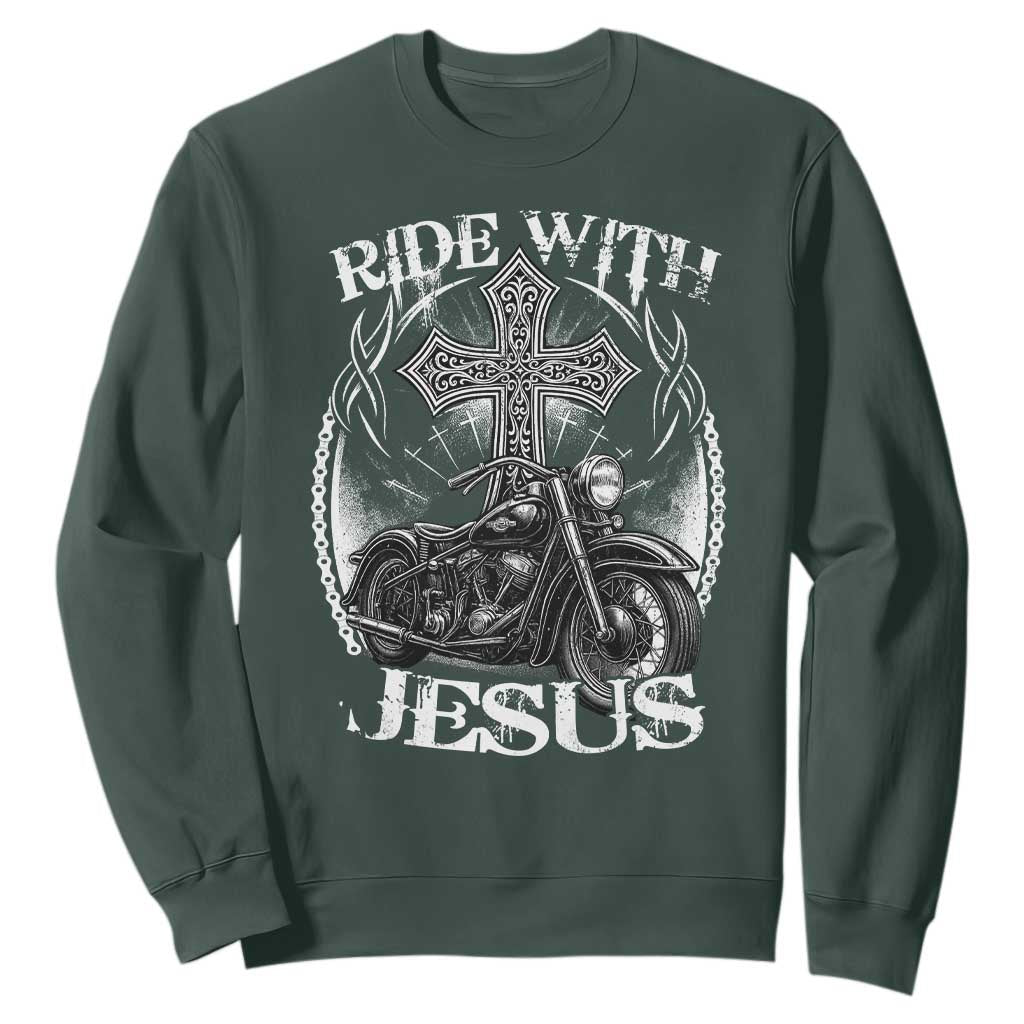 Christian Biker Sweatshirt Ride With Jesus Religious Faith Motorcycle Rider TS11 Dark Forest Green Print Your Wear