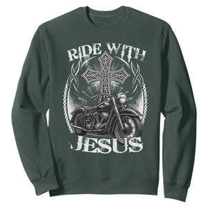 Christian Biker Sweatshirt Ride With Jesus Religious Faith Motorcycle Rider TS11 Dark Forest Green Print Your Wear