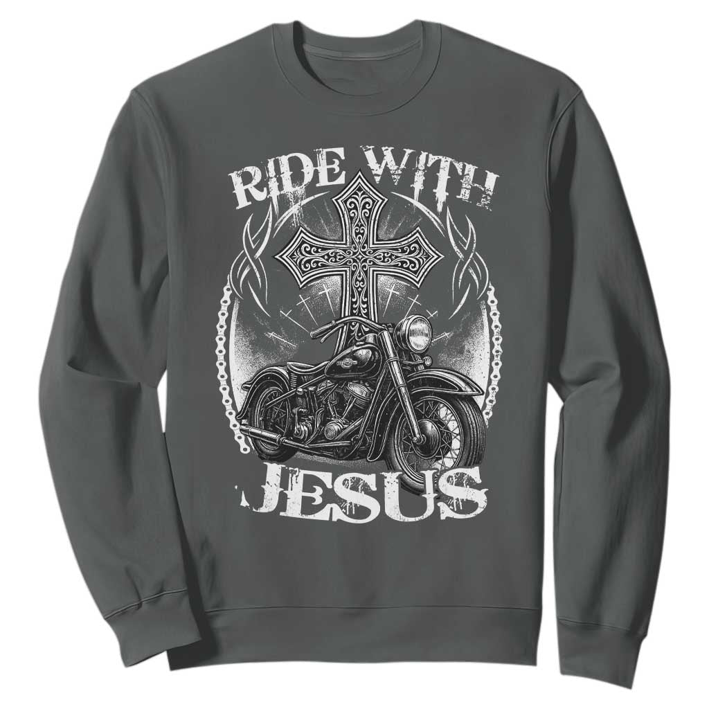Christian Biker Sweatshirt Ride With Jesus Religious Faith Motorcycle Rider TS11 Dark Heather Print Your Wear