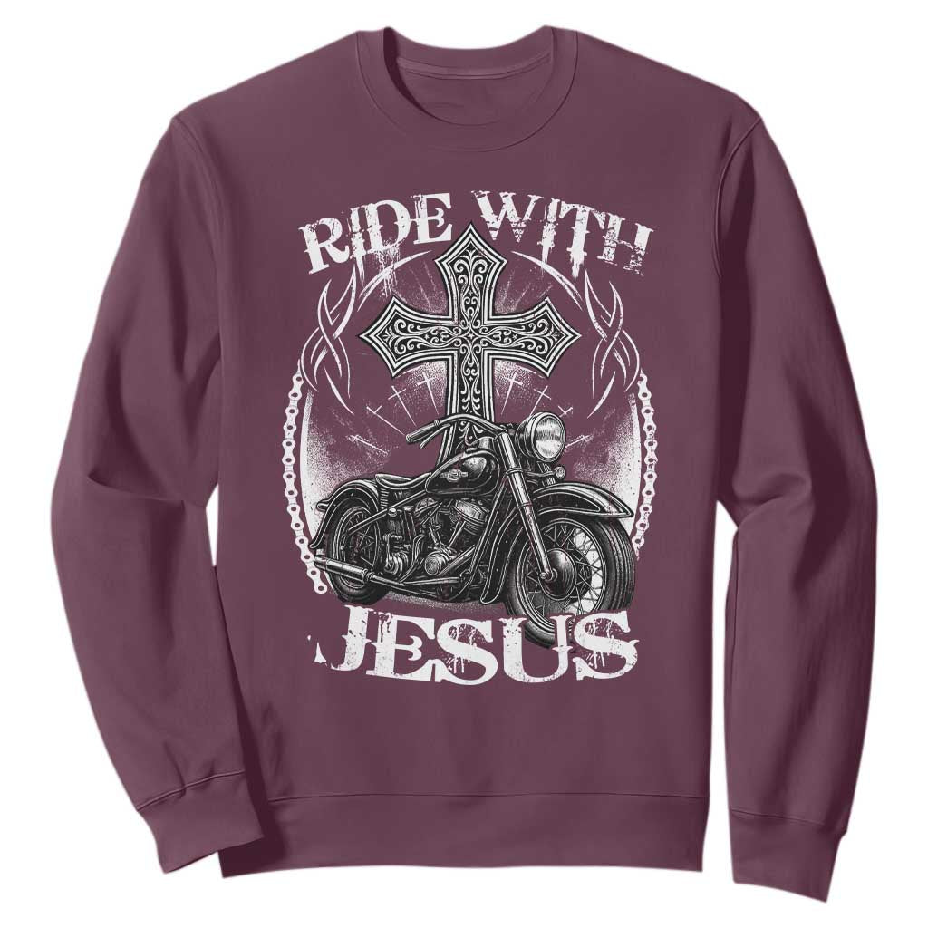 Christian Biker Sweatshirt Ride With Jesus Religious Faith Motorcycle Rider TS11 Maroon Print Your Wear