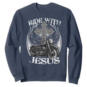 Christian Biker Sweatshirt Ride With Jesus Religious Faith Motorcycle Rider TS11 Navy Print Your Wear