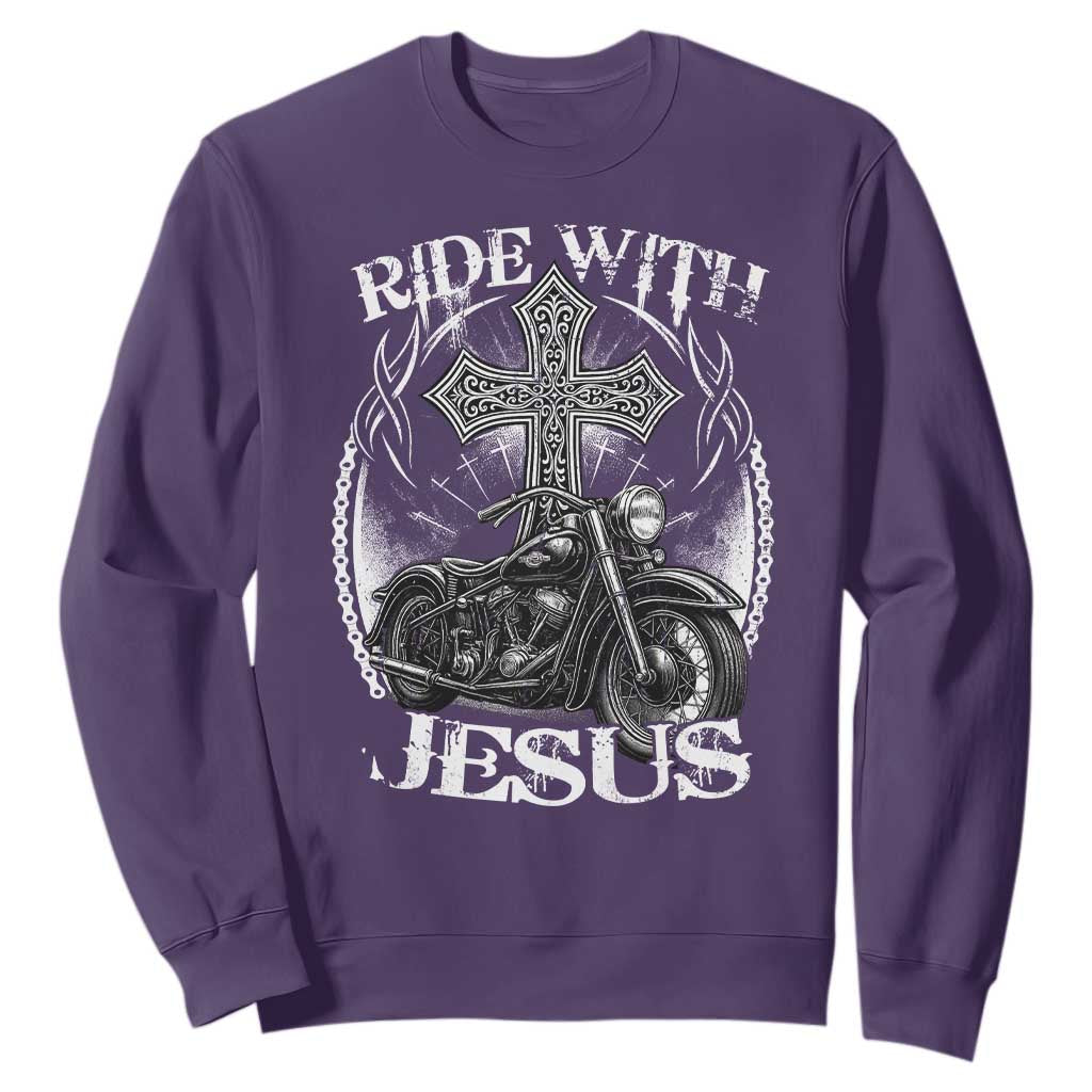 Christian Biker Sweatshirt Ride With Jesus Religious Faith Motorcycle Rider TS11 Purple Print Your Wear