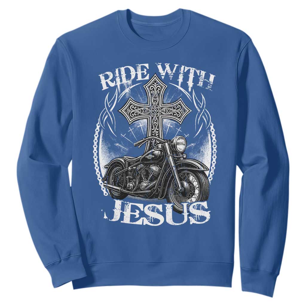 Christian Biker Sweatshirt Ride With Jesus Religious Faith Motorcycle Rider TS11 Royal Blue Print Your Wear