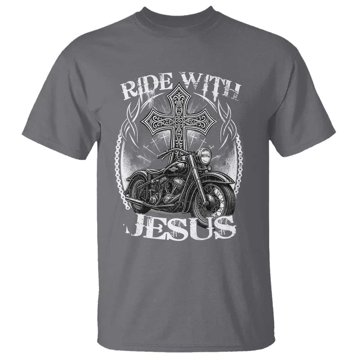 Christian Biker T Shirt Ride With Jesus Religious Faith Motorcycle Rider TS11 Charcoal Print Your Wear