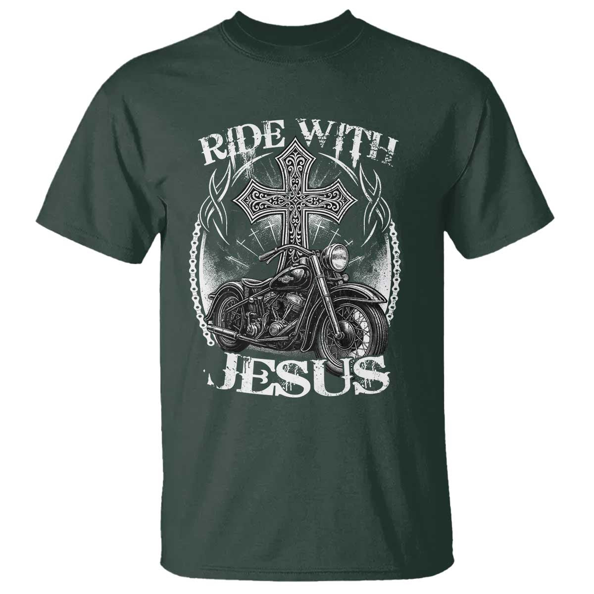 Christian Biker T Shirt Ride With Jesus Religious Faith Motorcycle Rider TS11 Dark Forest Green Print Your Wear
