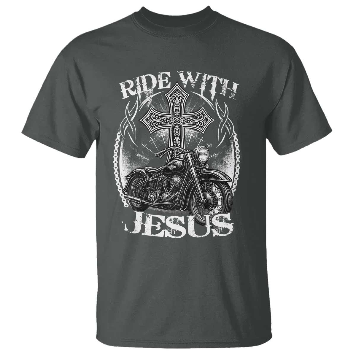 Christian Biker T Shirt Ride With Jesus Religious Faith Motorcycle Rider TS11 Dark Heather Print Your Wear