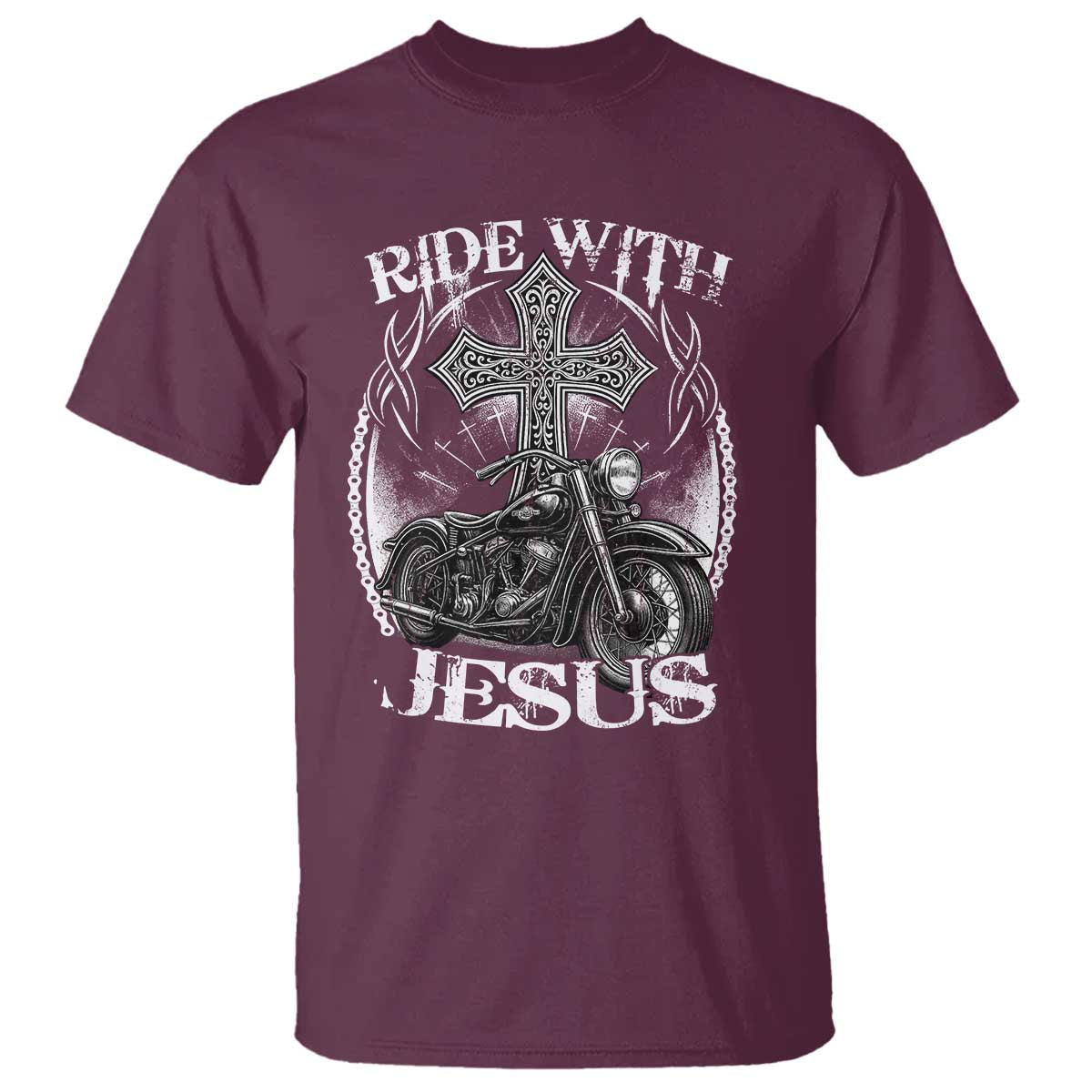 Christian Biker T Shirt Ride With Jesus Religious Faith Motorcycle Rider TS11 Maroon Print Your Wear