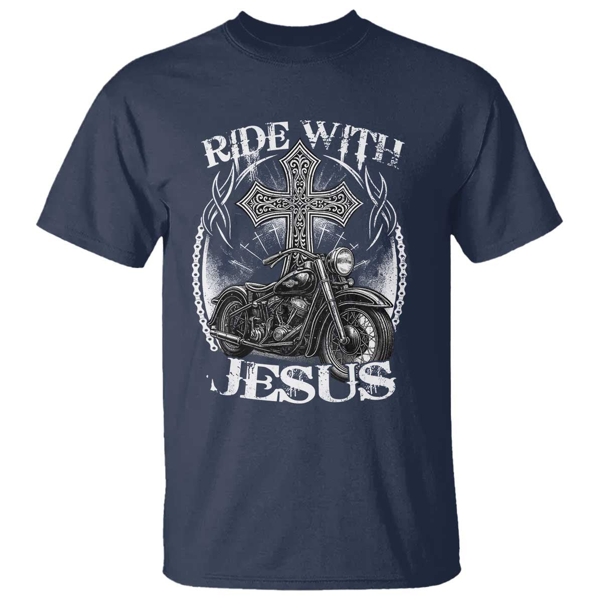 Christian Biker T Shirt Ride With Jesus Religious Faith Motorcycle Rider TS11 Navy Print Your Wear