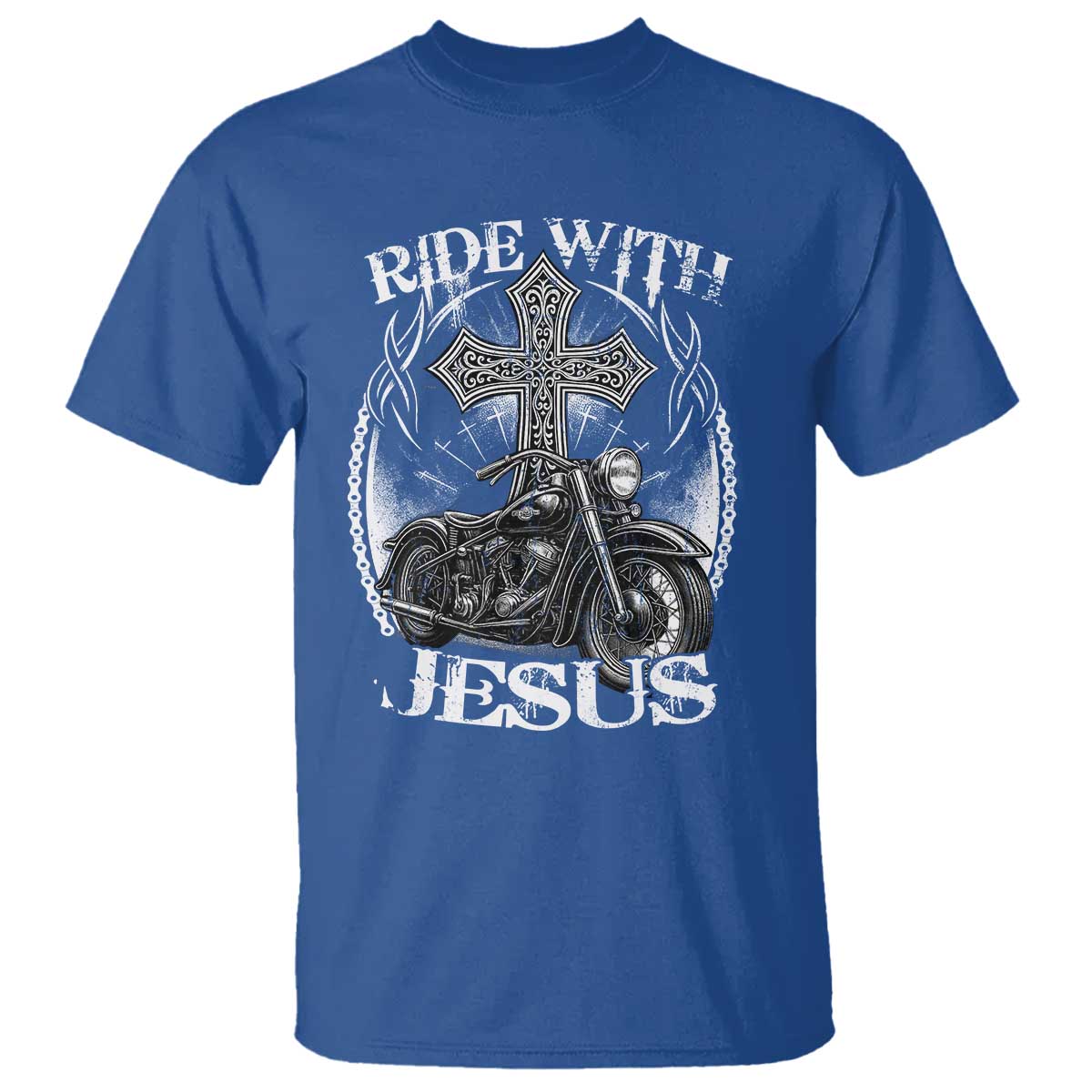 Christian Biker T Shirt Ride With Jesus Religious Faith Motorcycle Rider TS11 Royal Blue Print Your Wear