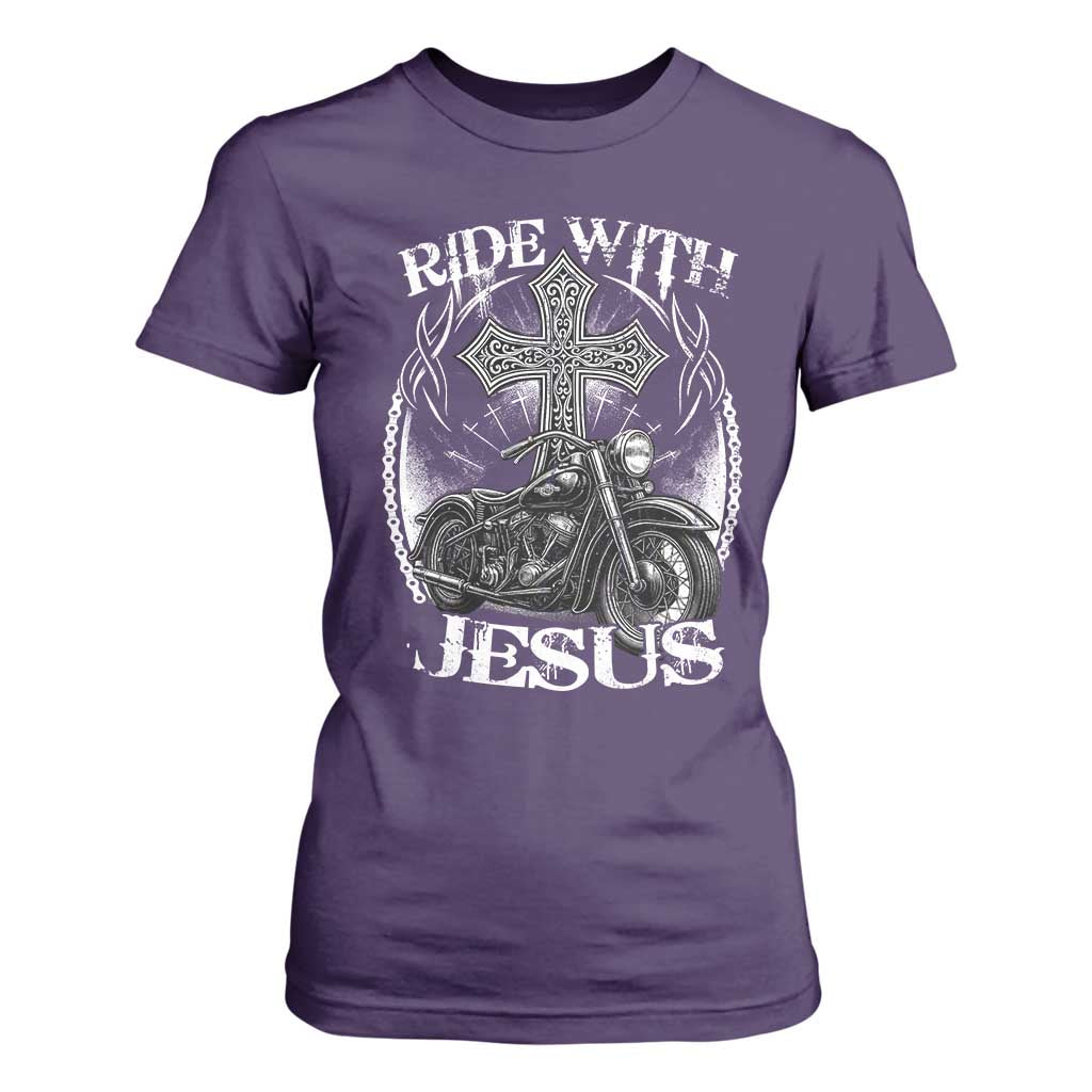 Christian Biker T Shirt For Women Ride With Jesus Religious Faith Motorcycle Rider TS11 Purple Print Your Wear