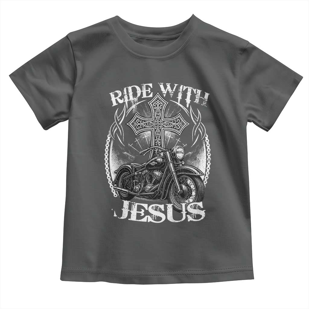 Christian Biker Toddler T Shirt Ride With Jesus Religious Faith Motorcycle Rider TS11 Dark Heather Print Your Wear