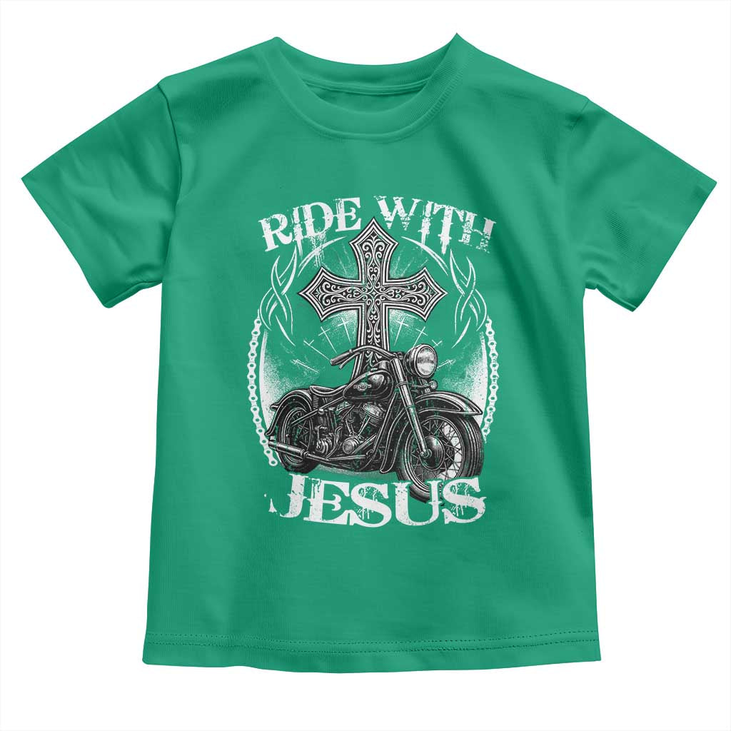Christian Biker Toddler T Shirt Ride With Jesus Religious Faith Motorcycle Rider TS11 Irish Green Print Your Wear