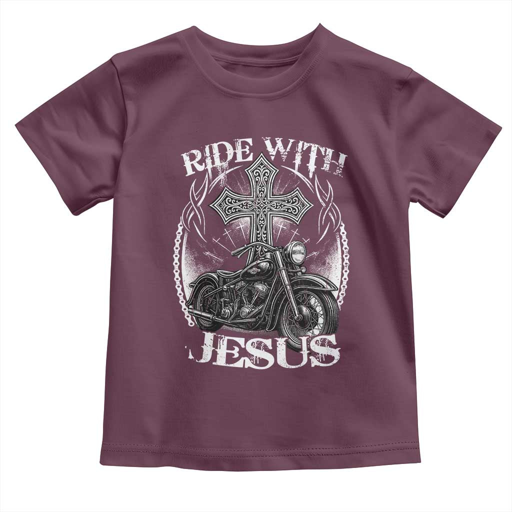 Christian Biker Toddler T Shirt Ride With Jesus Religious Faith Motorcycle Rider TS11 Maroon Print Your Wear