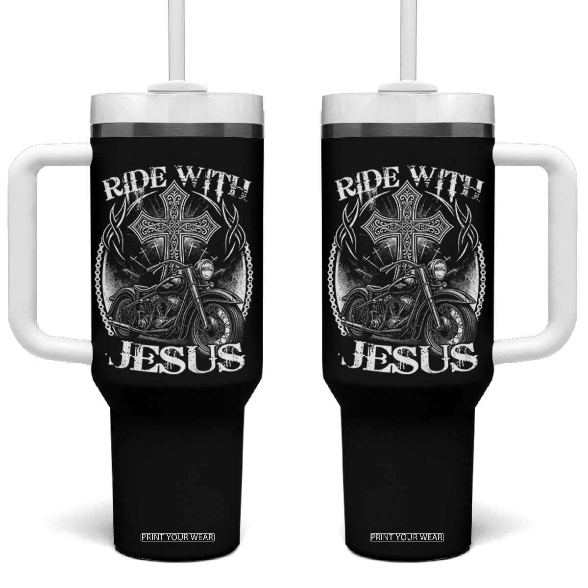 Christian Biker Tumbler With Handle Ride With Jesus Religious Faith Motorcycle Rider TS11 One Size: 40 oz Black Print Your Wear