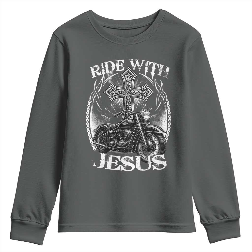 Christian Biker Youth Sweatshirt Ride With Jesus Religious Faith Motorcycle Rider TS11 Dark Heather Print Your Wear