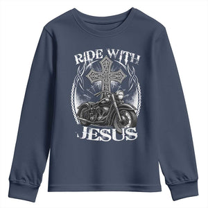 Christian Biker Youth Sweatshirt Ride With Jesus Religious Faith Motorcycle Rider TS11 Navy Print Your Wear
