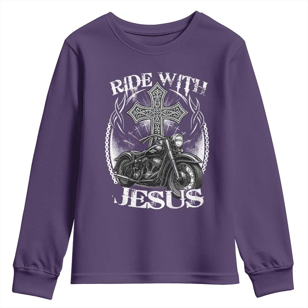 Christian Biker Youth Sweatshirt Ride With Jesus Religious Faith Motorcycle Rider TS11 Purple Print Your Wear