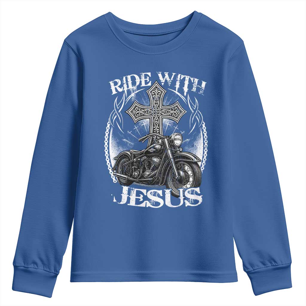 Christian Biker Youth Sweatshirt Ride With Jesus Religious Faith Motorcycle Rider TS11 Royal Blue Print Your Wear