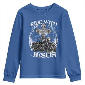 Christian Biker Youth Sweatshirt Ride With Jesus Religious Faith Motorcycle Rider TS11 Royal Blue Print Your Wear