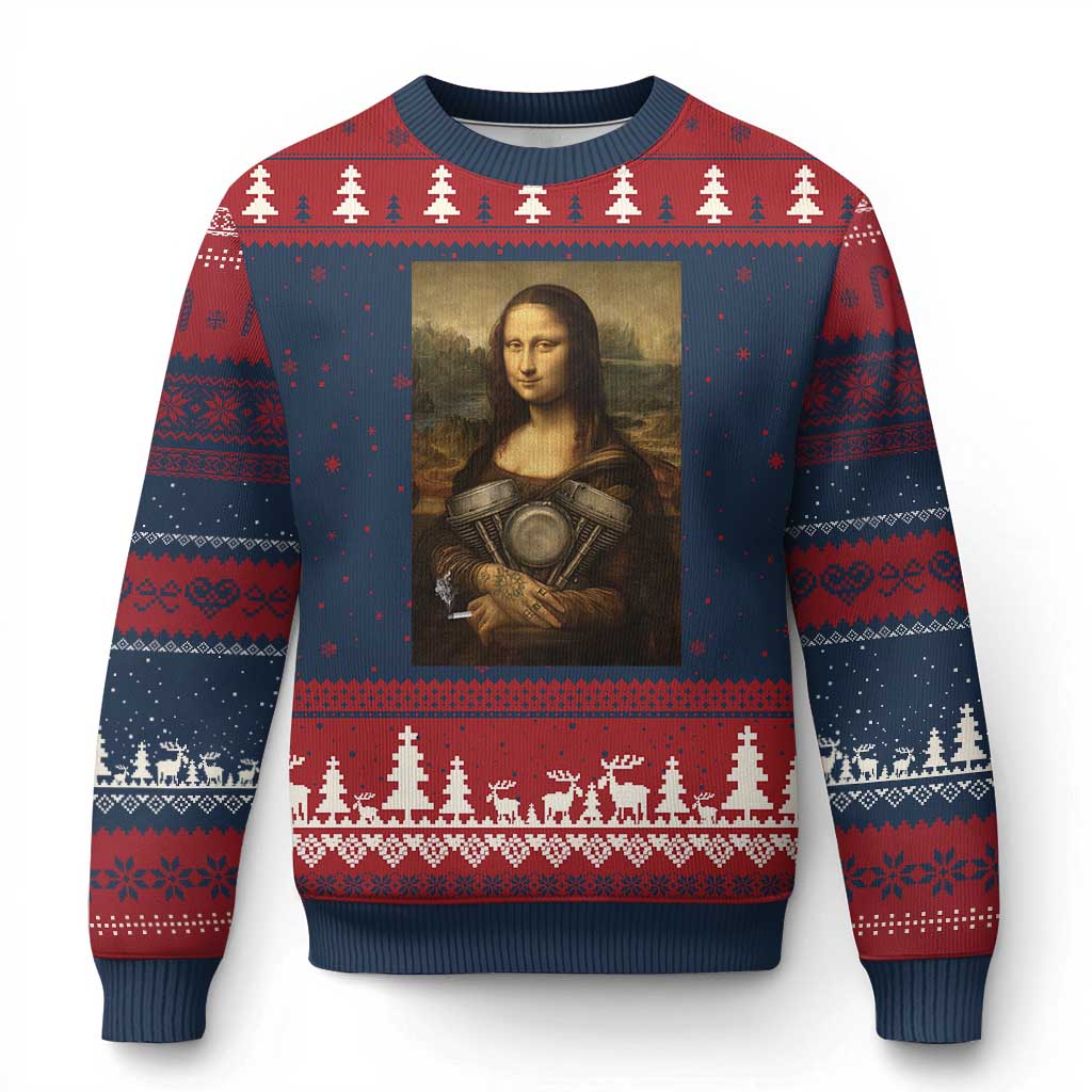 Funny Monalisa Rider Vintage Retro Motorcycle Engine Ugly Christmas Sweater TS11 Navy Red Print Your Wear