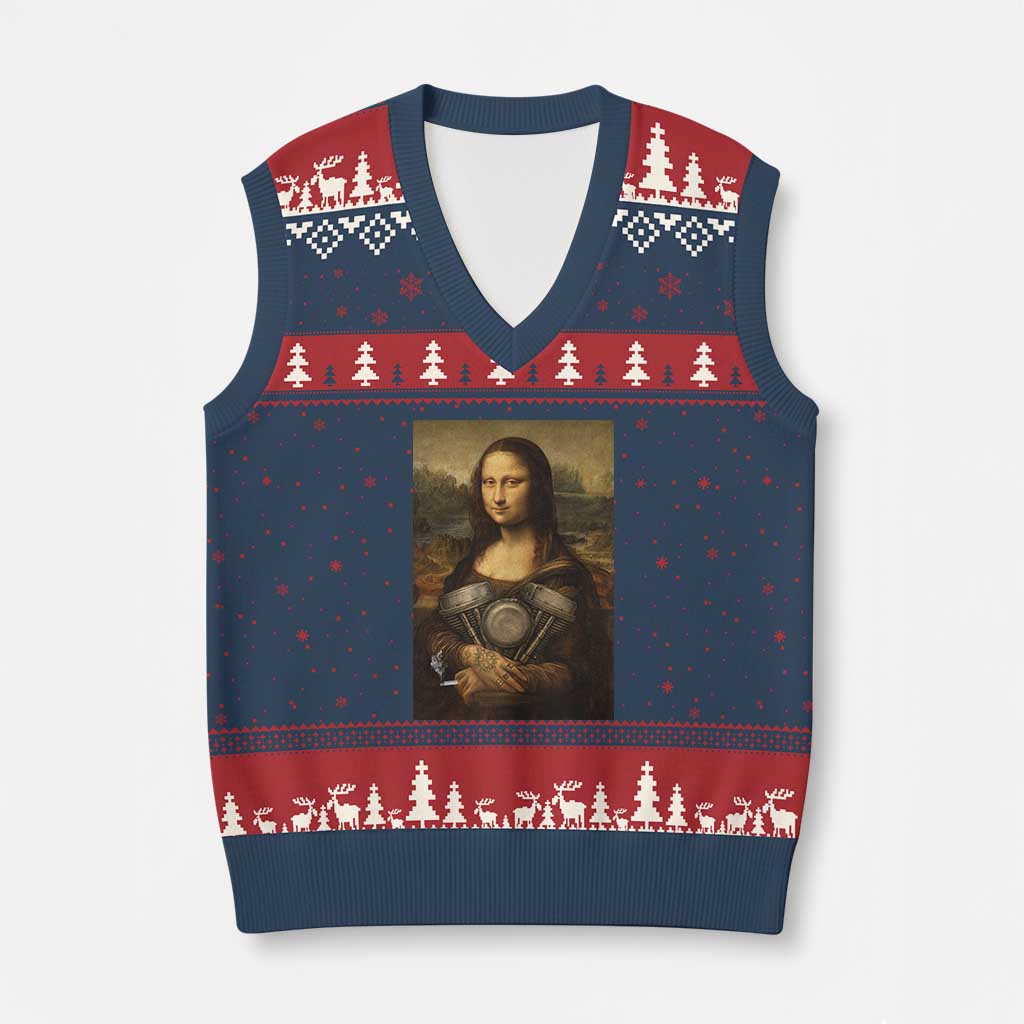 Funny Monalisa Rider Vintage Retro Motorcycle Engine V-Neck Knit Sweater Vest TS11 Navy Red Print Your Wear