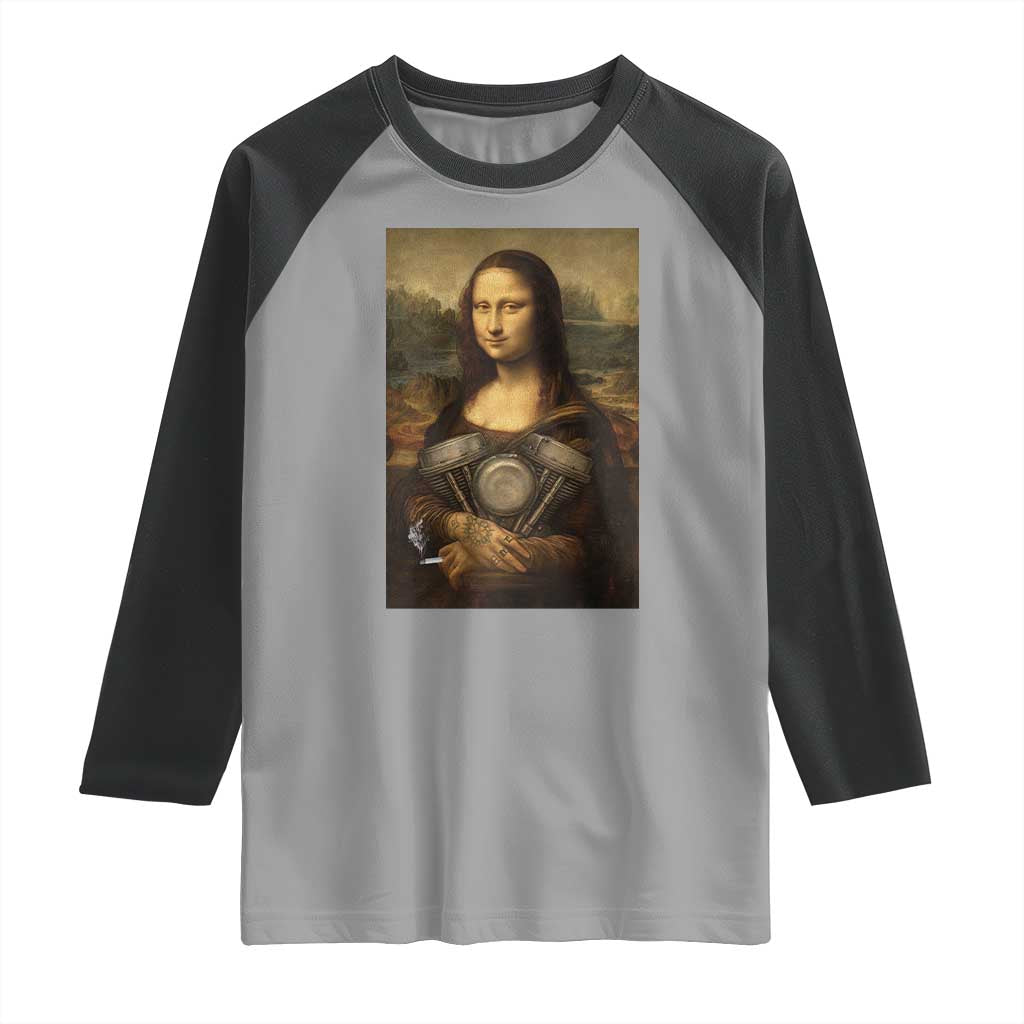 Funny Monalisa Rider Vintage Retro Motorcycle Engine Raglan Shirt TS11 Sport Gray Black Print Your Wear
