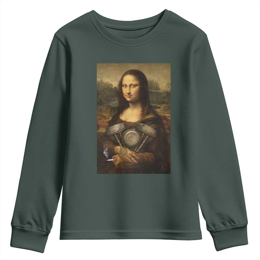 Funny Monalisa Rider Vintage Retro Motorcycle Engine Youth Sweatshirt TS11 Dark Forest Green Print Your Wear