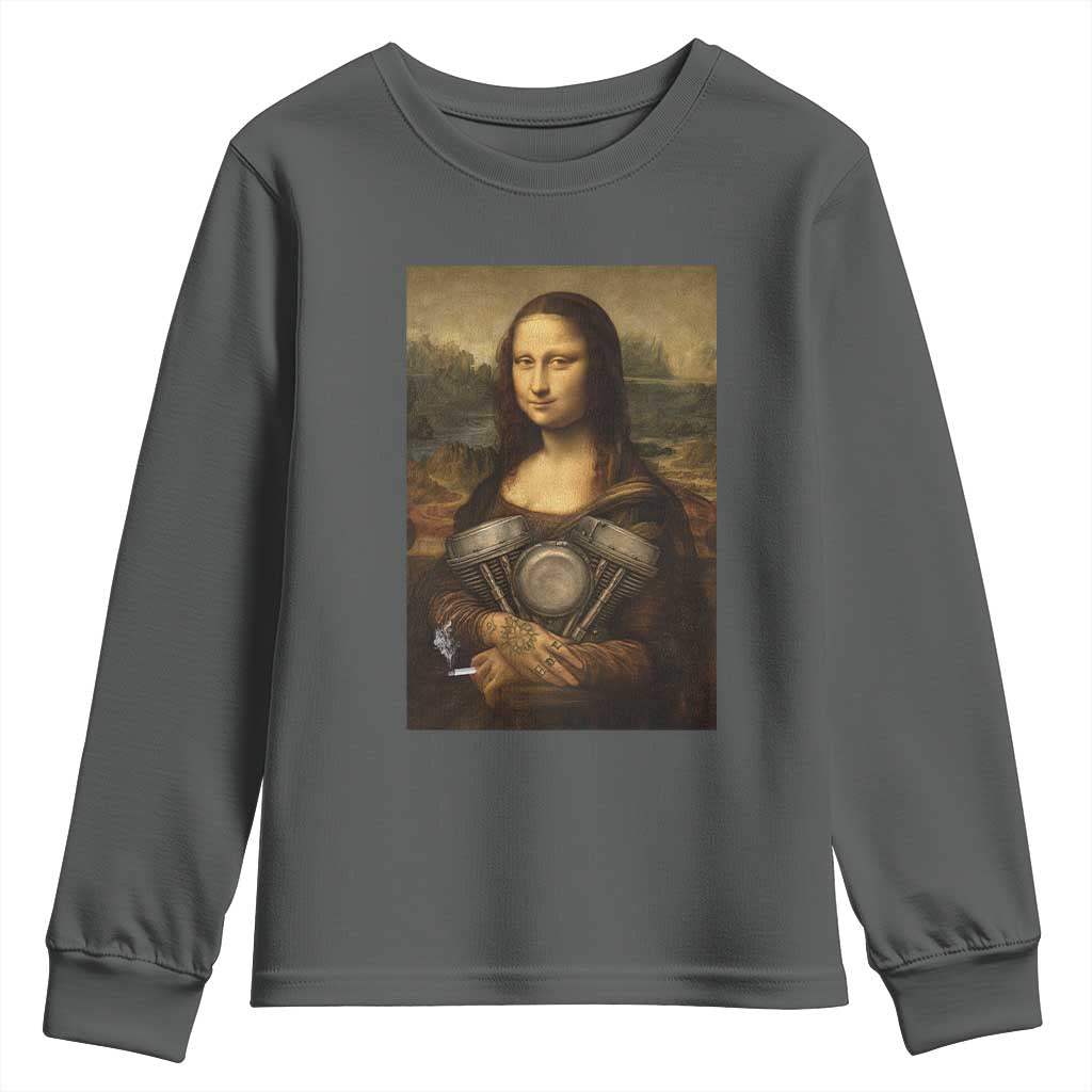 Funny Monalisa Rider Vintage Retro Motorcycle Engine Youth Sweatshirt TS11 Dark Heather Print Your Wear