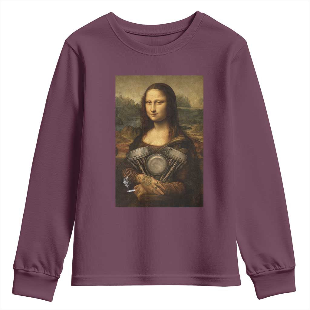 Funny Monalisa Rider Vintage Retro Motorcycle Engine Youth Sweatshirt TS11 Maroon Print Your Wear