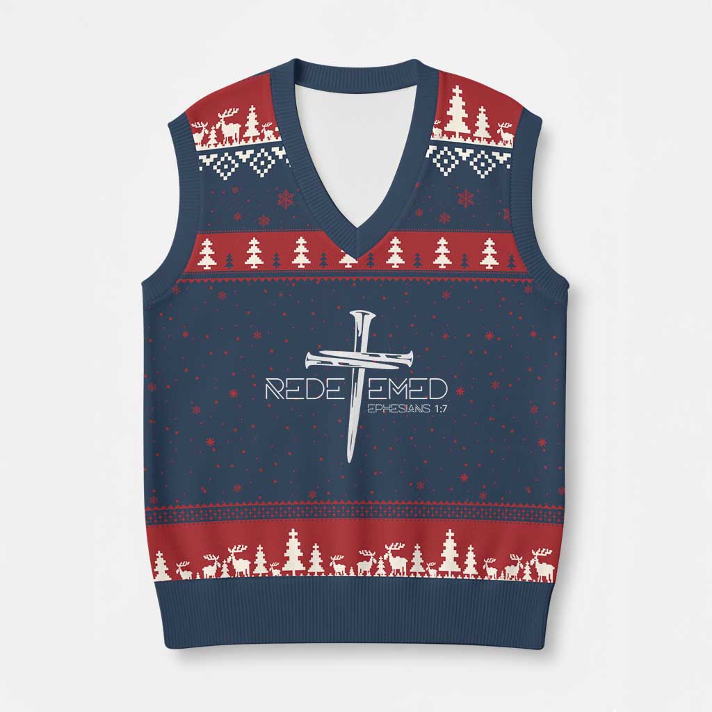 Redeemed Christian Vintage Ephesians Bible Verse Redemption V-Neck Knit Sweater Vest TS11 Navy Red Print Your Wear