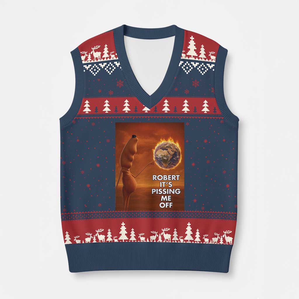 Funny Marcus V-Neck Knit Sweater Vest Robert Its Pissing Me Off Worm Meme TS11 Navy Red Print Your Wear