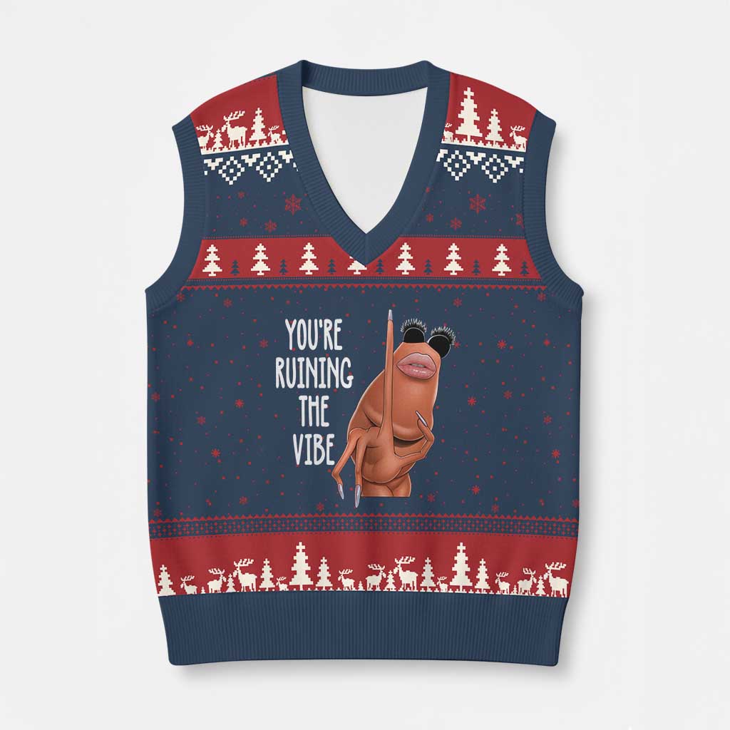 Funny Marcus V-Neck Knit Sweater Vest You Are Ruining The Vibe Worm Meme TS11 Navy Red Print Your Wear