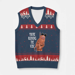 Funny Marcus V-Neck Knit Sweater Vest You Are Ruining The Vibe Worm Meme TS11 Navy Red Print Your Wear