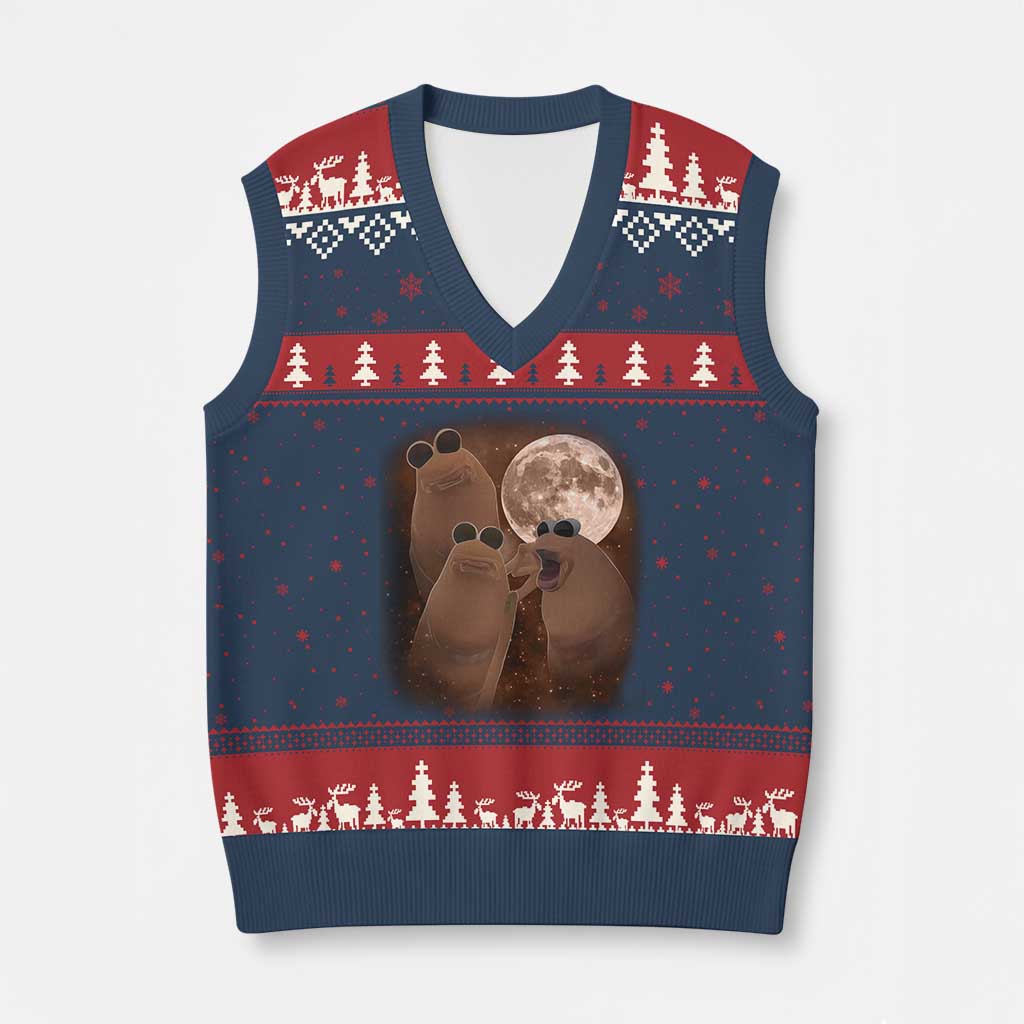 Three Marcus The Worm Moon V-Neck Knit Sweater Vest Funny Weird Cursed Meme TS11 Navy Red Print Your Wear
