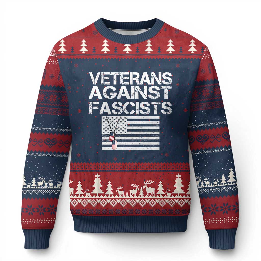 Veterans Against Fascists Ugly Christmas Sweater Patriotic Soldier Vintage American Flag Dog Tag TS11 Navy Red Print Your Wear