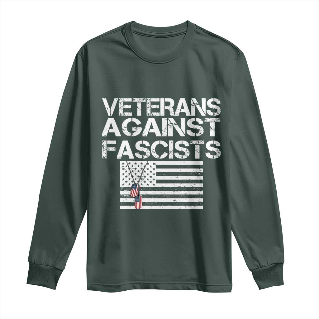 Veterans Against Fascists Long Sleeve Shirt Patriotic Soldier Vintage American Flag Dog Tag TS11 Dark Forest Green Print Your Wear