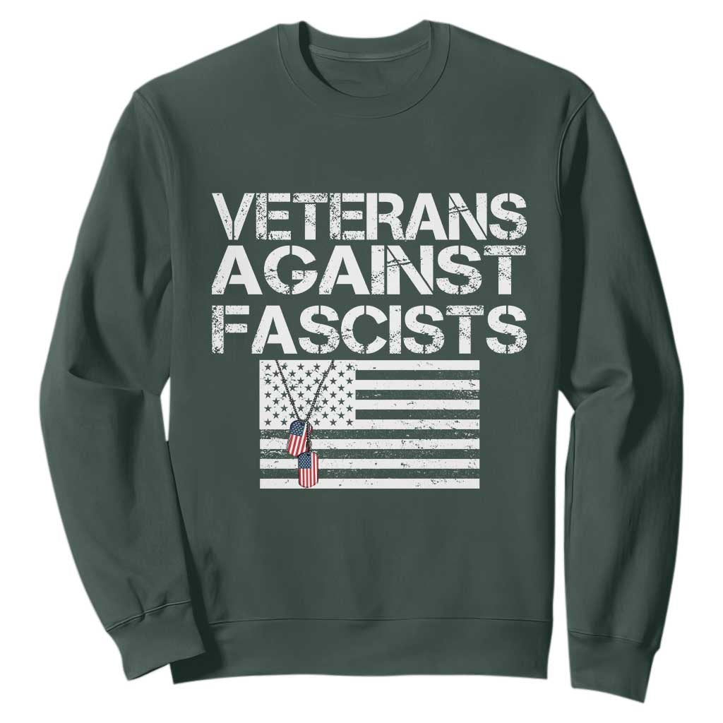 Veterans Against Fascists Sweatshirt Patriotic Soldier Vintage American Flag Dog Tag TS11 Dark Forest Green Print Your Wear