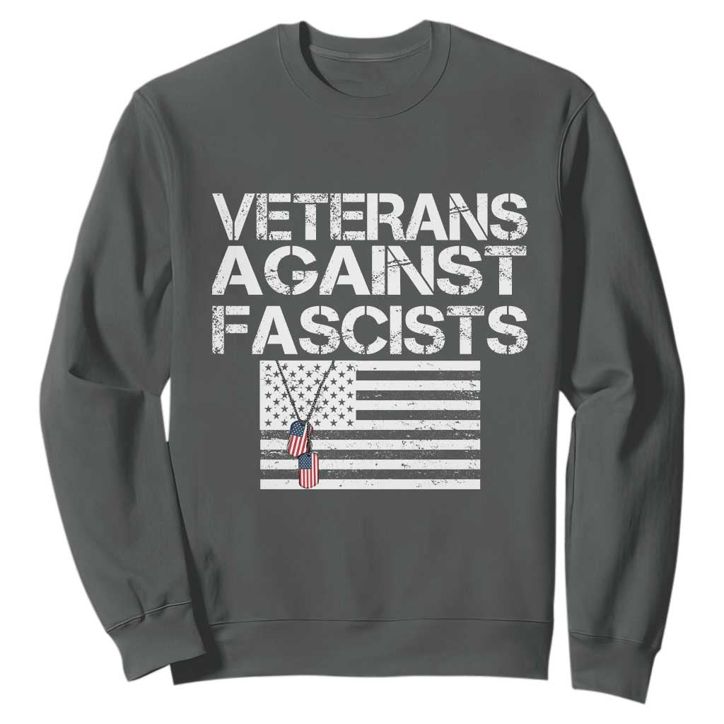 Veterans Against Fascists Sweatshirt Patriotic Soldier Vintage American Flag Dog Tag TS11 Dark Heather Print Your Wear