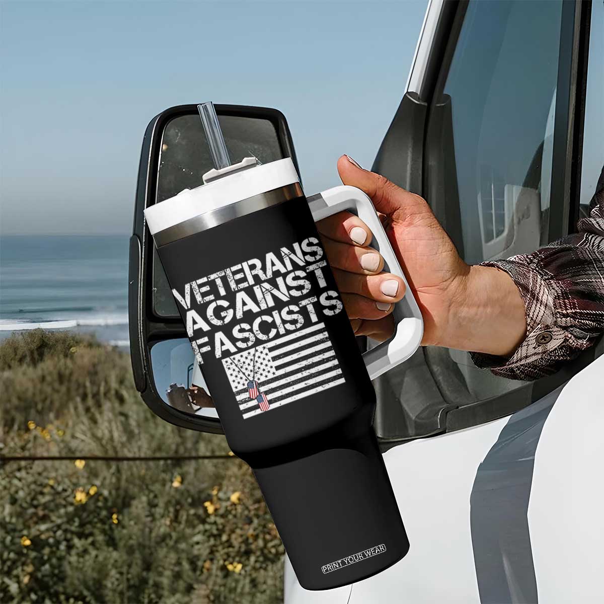 Veterans Against Fascists Tumbler With Handle Patriotic Soldier Vintage American Flag Dog Tag TS11 Print Your Wear