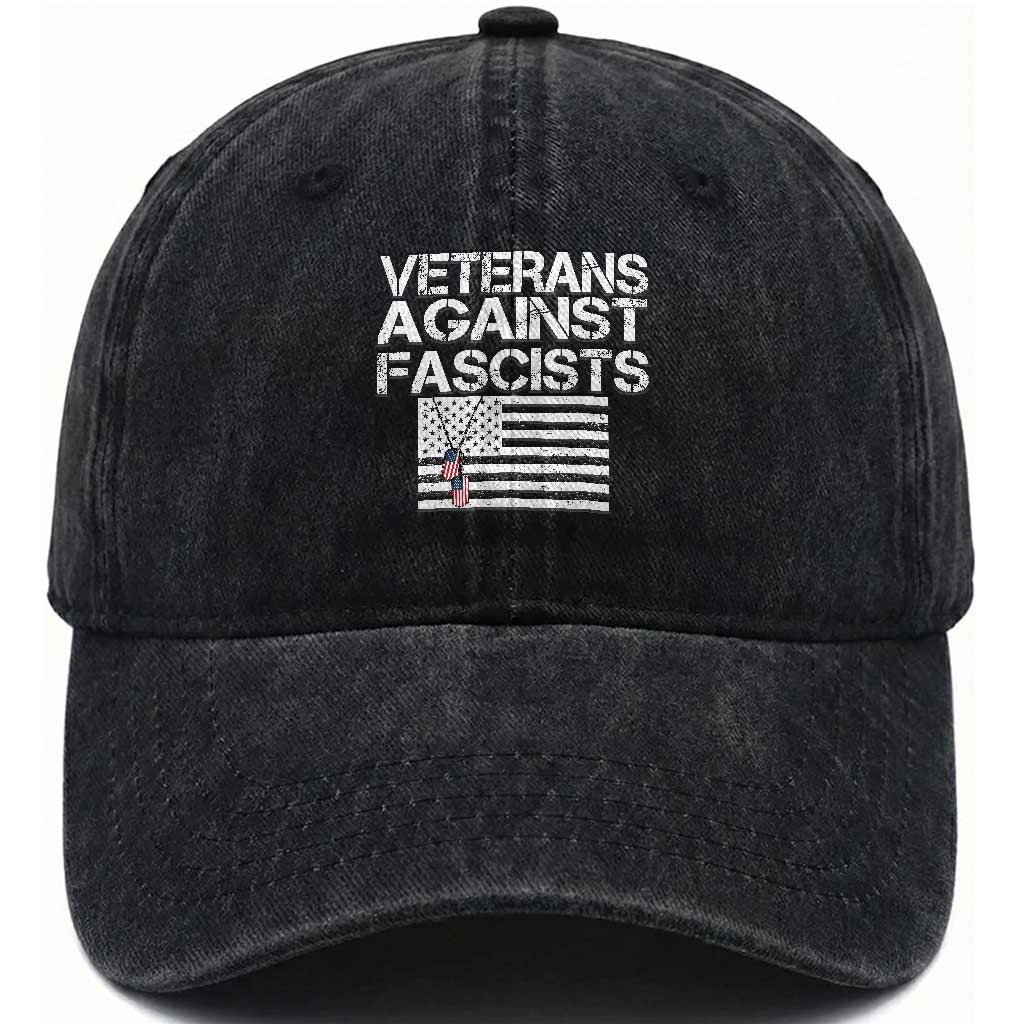 Veterans Against Fascists Washed Cotton Baseball Cap Patriotic Soldier Vintage American Flag Dog Tag TS11 Washed Cap Universal Fit Black Print Your Wear